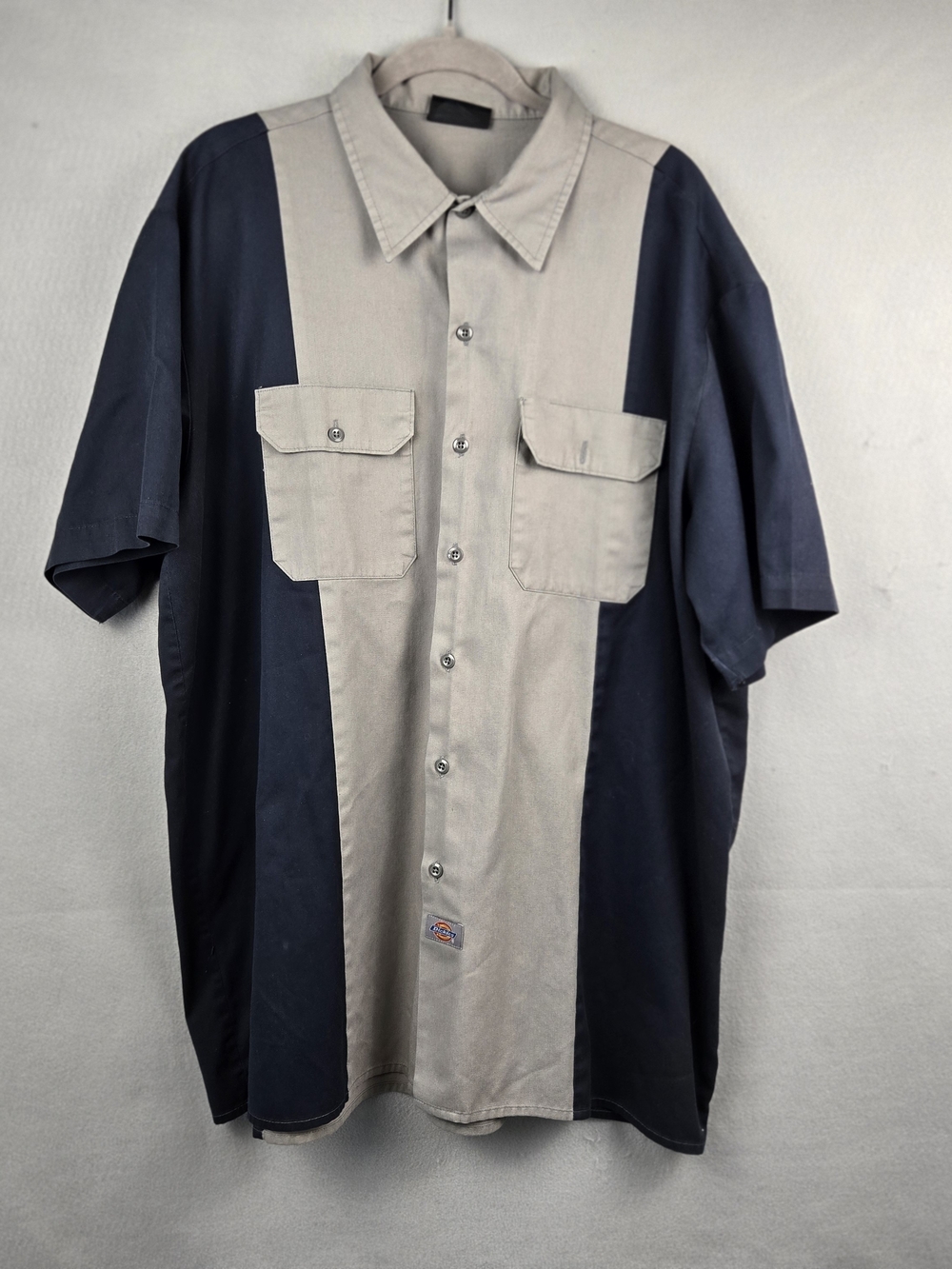 Vintage Dickies Work Shirt 2XL Navy Blue Grey Colorblock Bowling Button Up